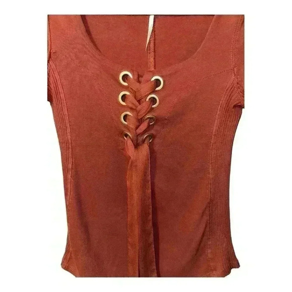 Free People Rust Long Sleeve Lace-Up Top - Picture 3 of 8
